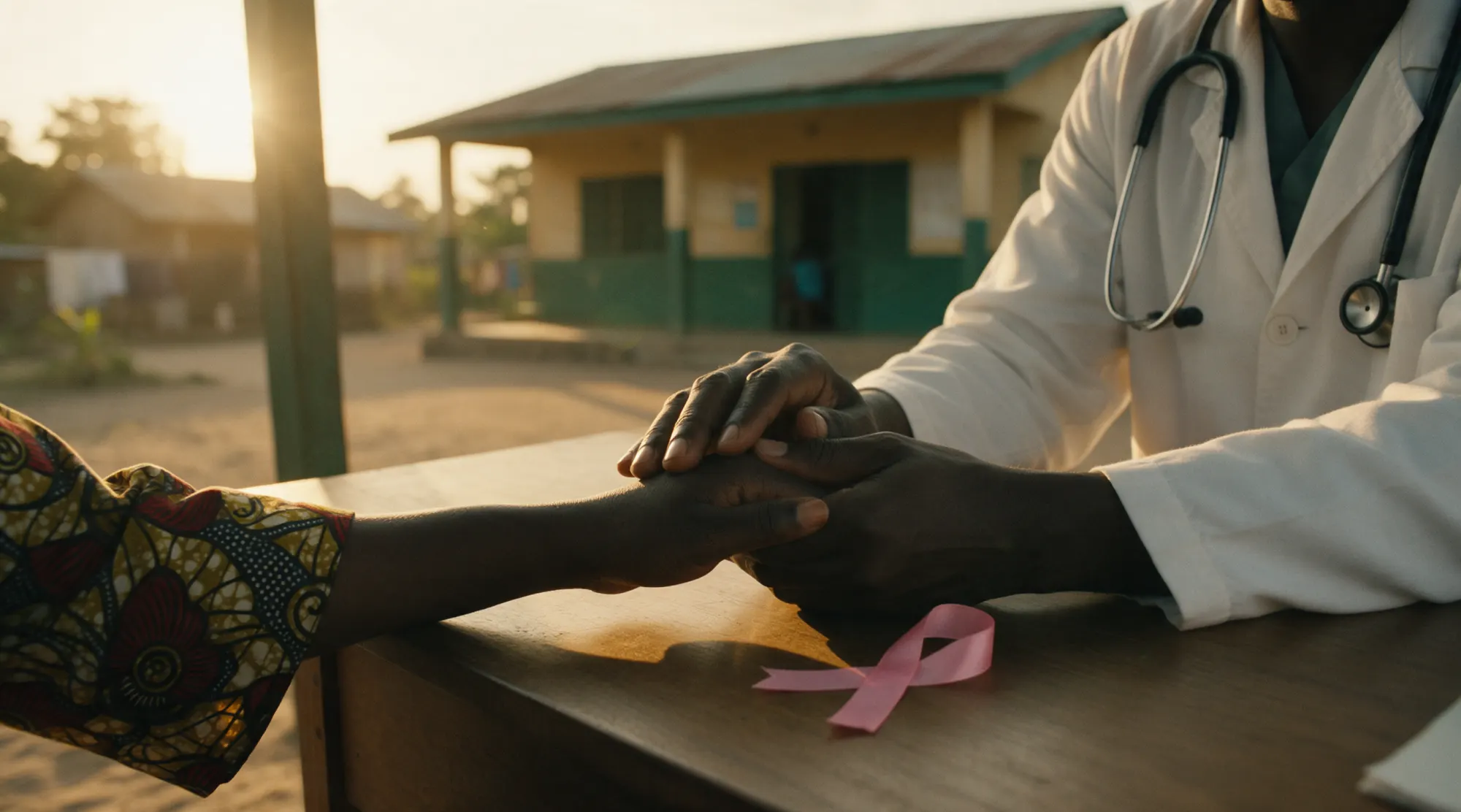 Un médecin tient la main d'une patiente devant un centre de santé, un ruban rose posé sur le bureau.
