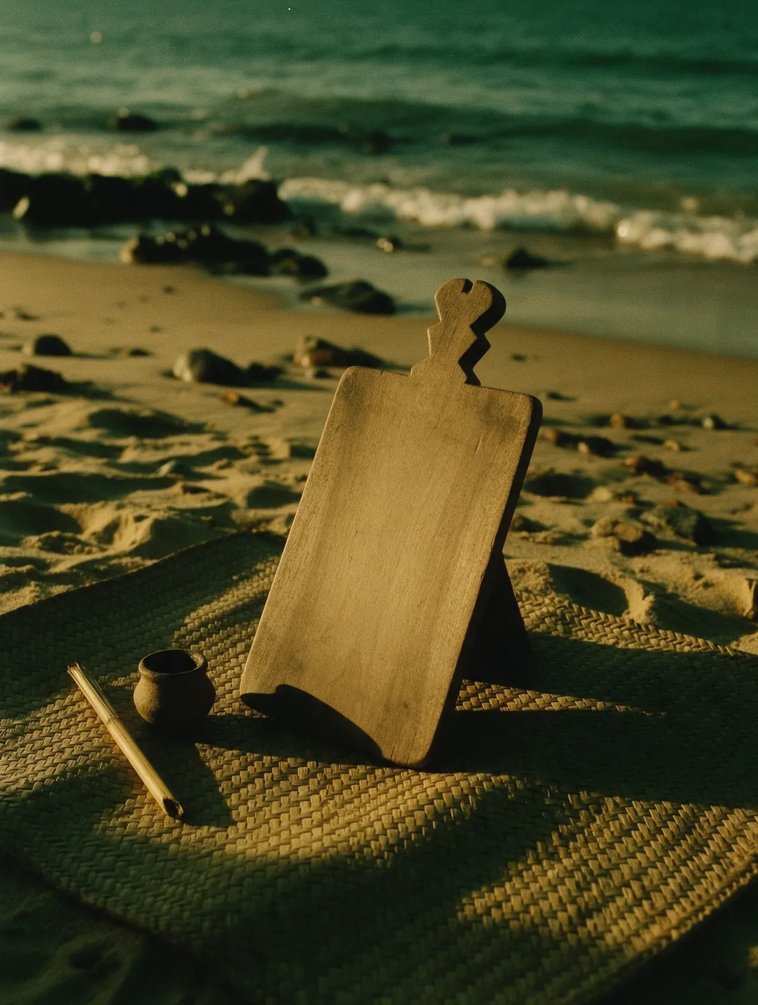 Une tablette d'écriture en bois, un encrier en terre et un calame sur une natte, près du rivage.