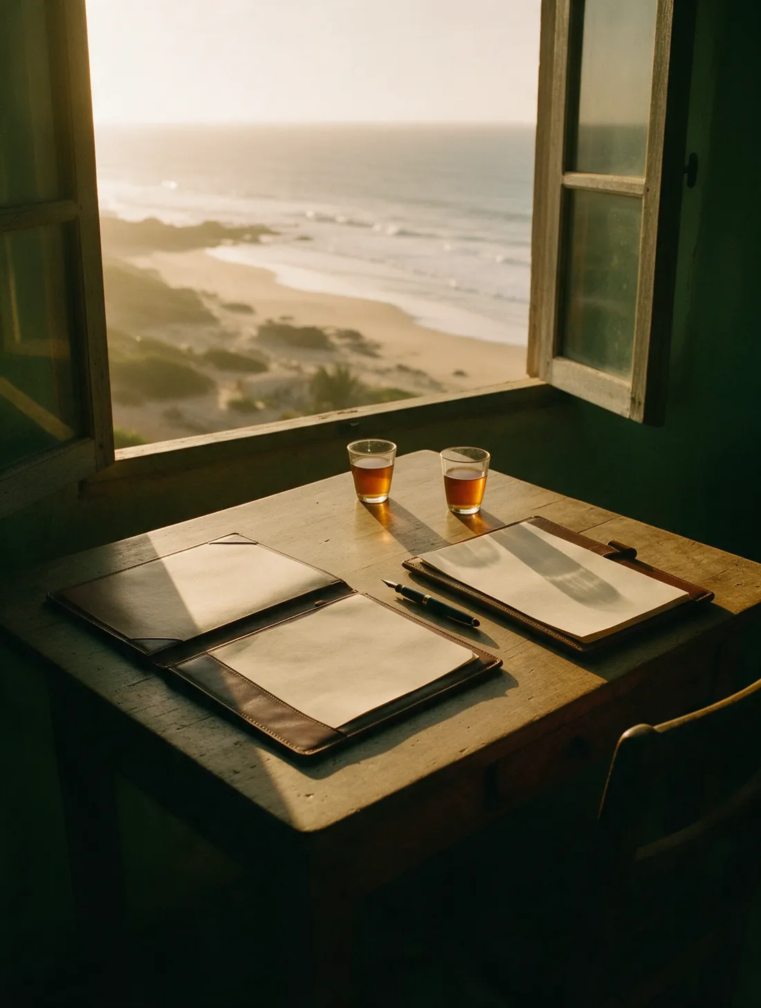 Deux dossiers ouverts, un stylo et deux verres de thé sur une table face à l'océan.