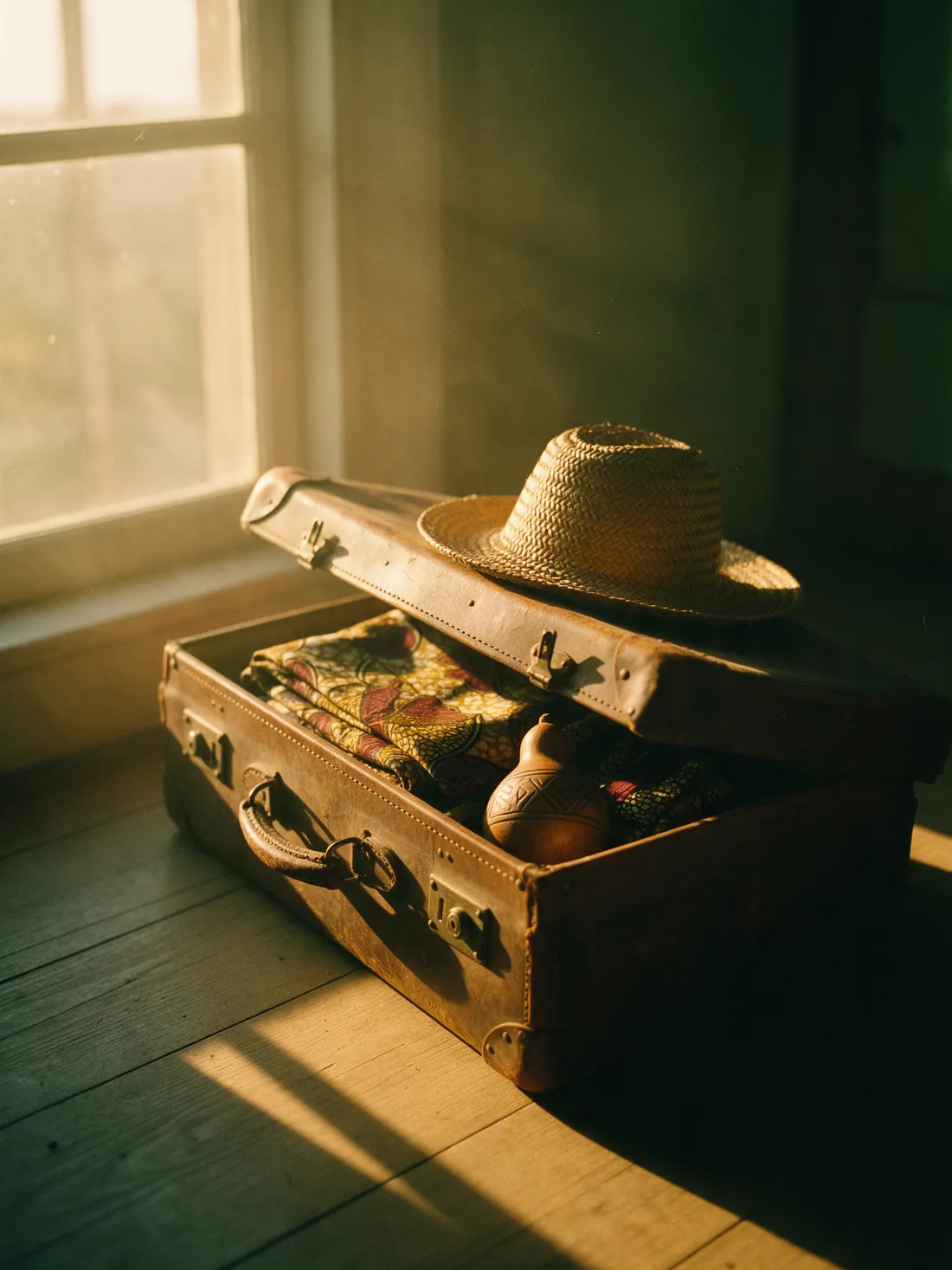 Une valise de voyage ouverte, garnie de pagne wax et d'une petite calebasse.
