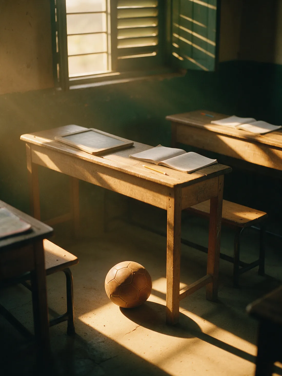 Un coin de classe ensoleillé : pupitres, ardoise, cahiers et un ballon de football.